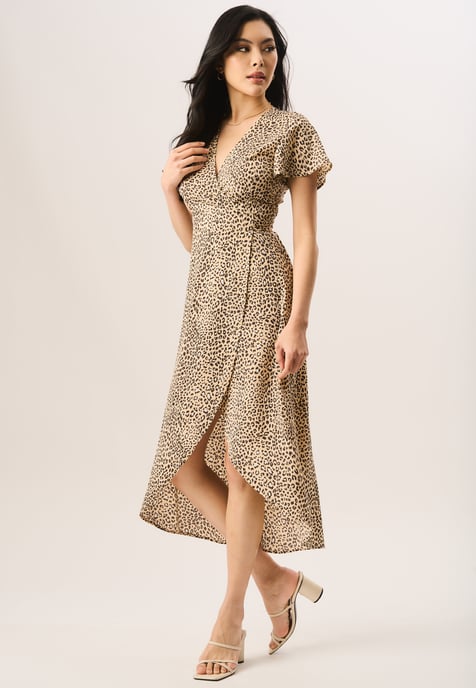 Animal Printed Wrap Midi Dress