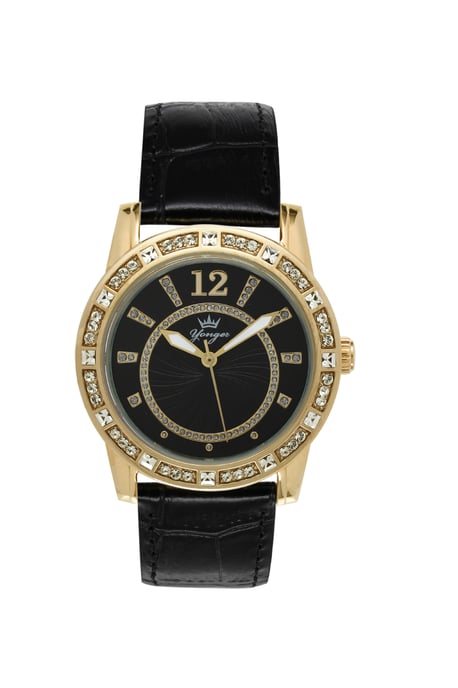 Yonger and Bresson Black Dial Black Band Watch With Gold Case