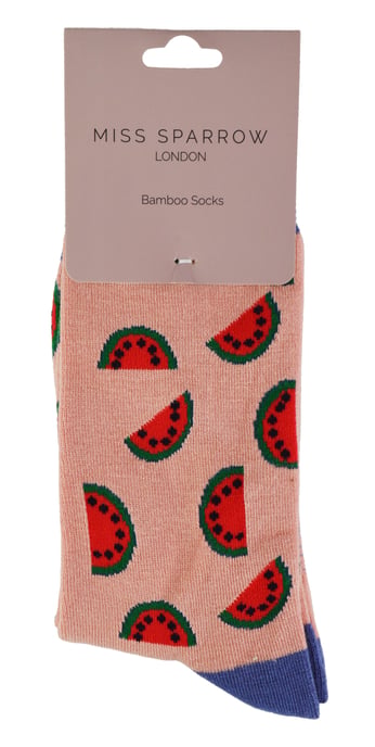 Frauen Neuheit lustige Frucht Socken | Miss Sparrow | Funky Wassermelone Avocado Zitronen Design Bambus Socken - Wassermelone (Pink) - Image 2