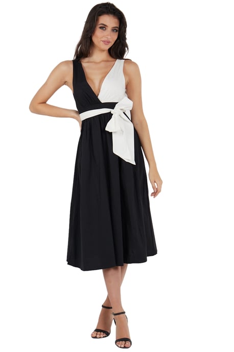 Schwarzes Midikleid aus Popeline mit kontrastierender weißer Taille - Image 4