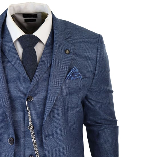 Herren 3-Teiliges Blaues Prince-of-Wales-Hahnentritt-Anzug - Image 5