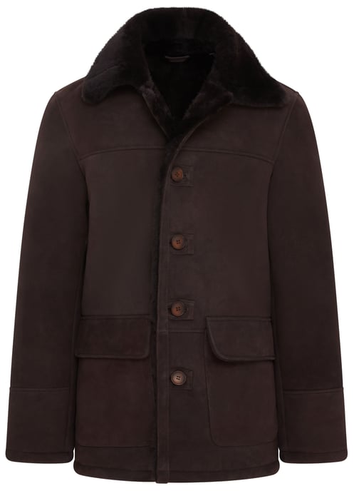 Mens Brown Shearling Sheepskin Car Coat - Elverum