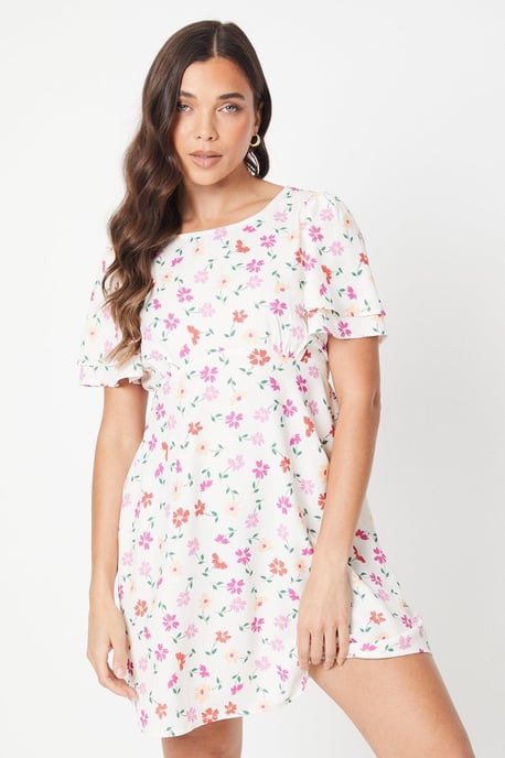 Petite Ivory Floral Angel Sleeve Empire Seam Mini Dress