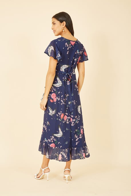 Navy Satin Crane Print Wrap Dress