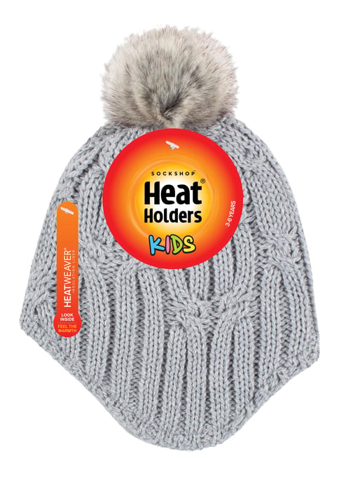 Wärmehalter - Mädchen Kabel gestrickt Beanie-Mütze mit Pom Pom Bommel für Winter | warme thermisch isolierte Mütze - Cloud Grey - Image 2