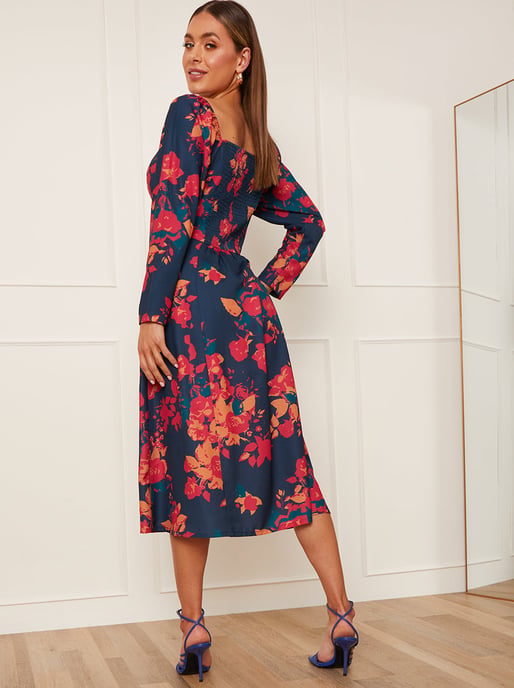 Long Sleeve Floral Midi Dress in Navy