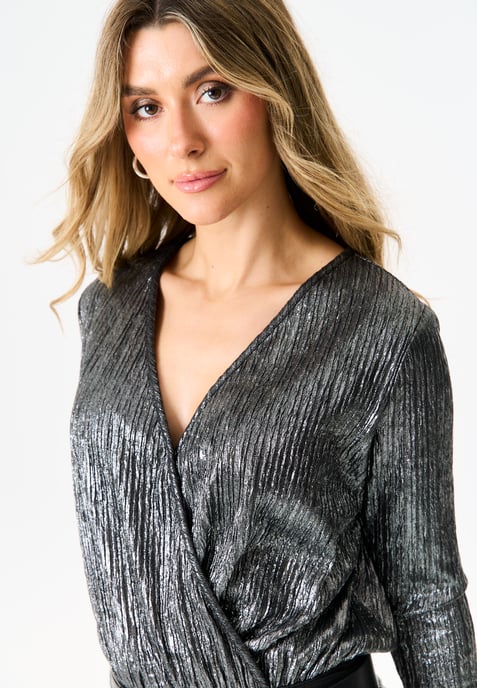 Silver Metallic Plisse Wrap Front Bodysuit