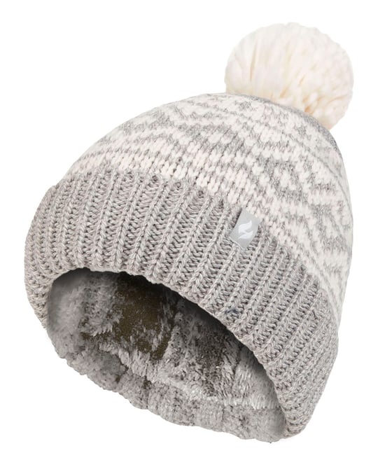Gemusterte Damen-Turnover-Bommelmütze | Wärmehalter | Grober Zopfstrick mit Heatweaver-Fleece-Futter | Billingen Style - Hellgrau - Image 1