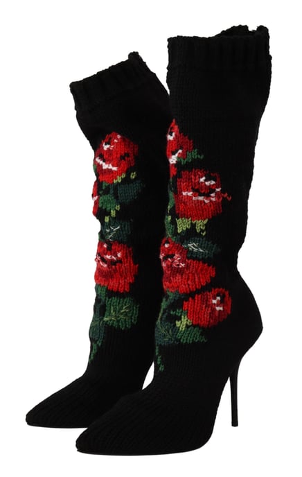 Dolce & Gabbana Schwarze Stretch-Socken Rote Rosen Stiefeletten Damenschuhe - Image 2