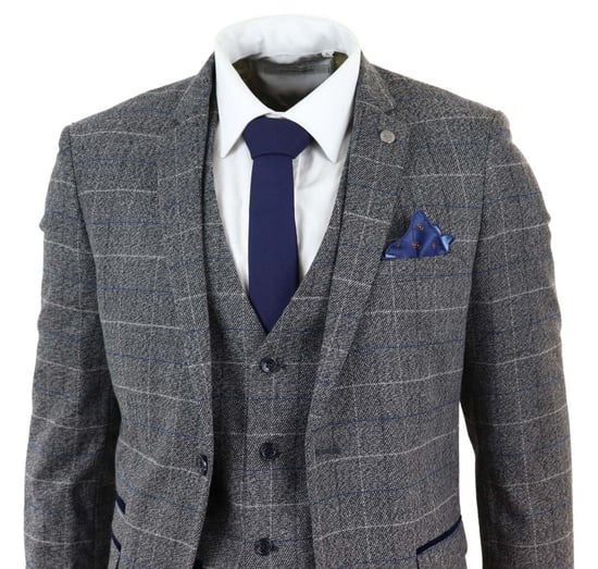 3-teiliger klassischer Anzug für Herren in Grau mit blauem Karomuster im Vintage-Stil - Image 3