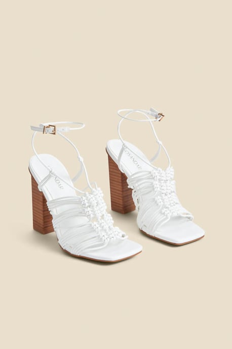 White Gladiator Square Toe Block Heel Sandals