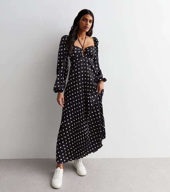 Polka Dot Pleated Cut Out Maxi Dress