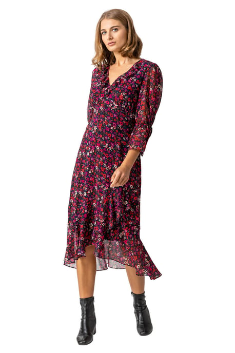 Ditsy Floral Chiffon Frill Midi Dress