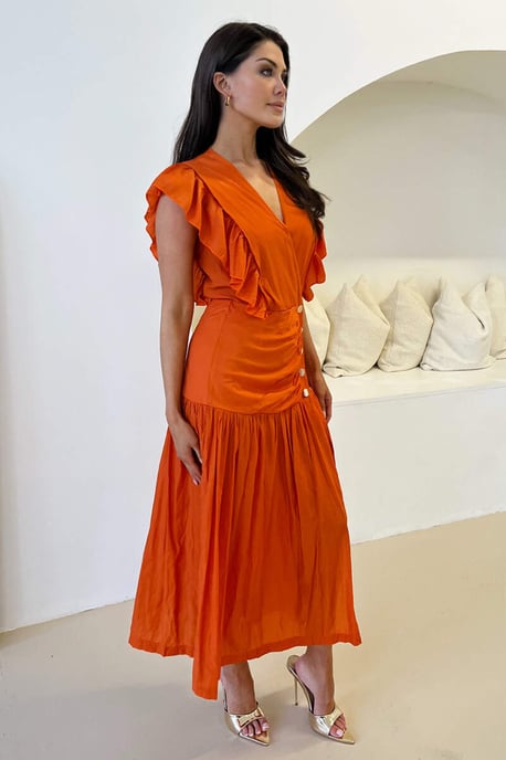 Orange Frill Shoulder Button Front Midi Dress