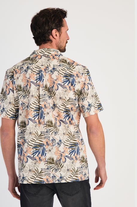 Cream Cotton Printed Poplin Short Sleeve Shirt