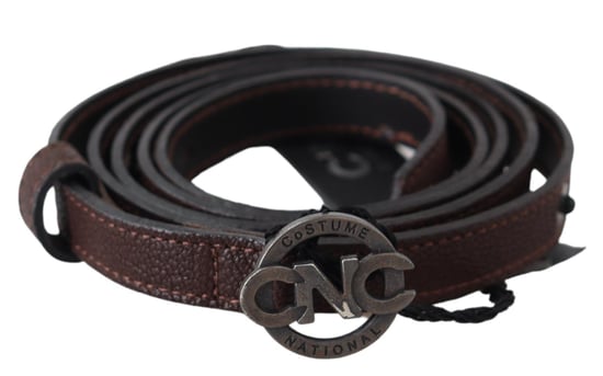 Costume National Women's Brown Skinny Leather Round Logo Buckle Belt