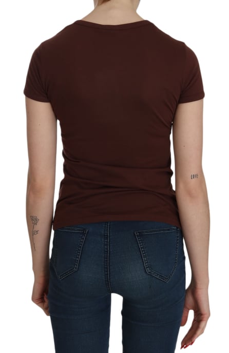 Exte Women's Brown Heart Print Crew Neck T-shirt Short Sleeve Blouse