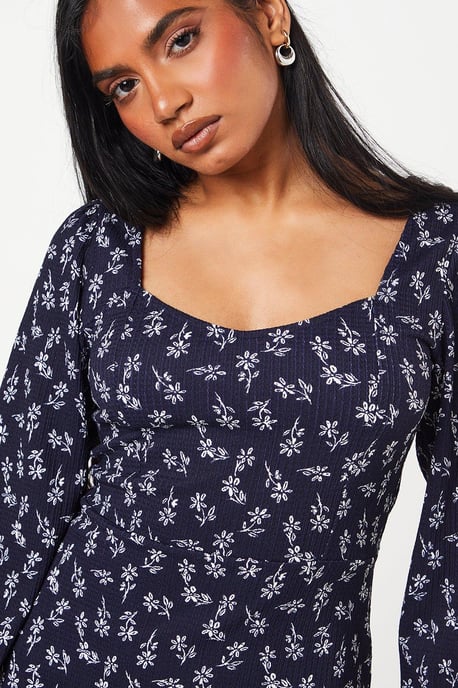 Petite Navy Ditsy Ruffle Hem Mini Dress