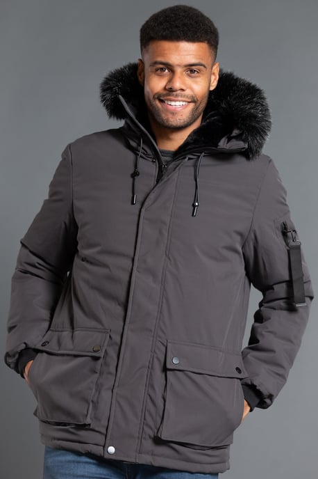 Charcoal Longline Hooded Padded Parka Jacket With Faux Fur Hood