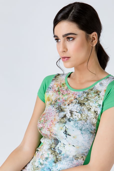 Green Short Sleeve Floral Print Top