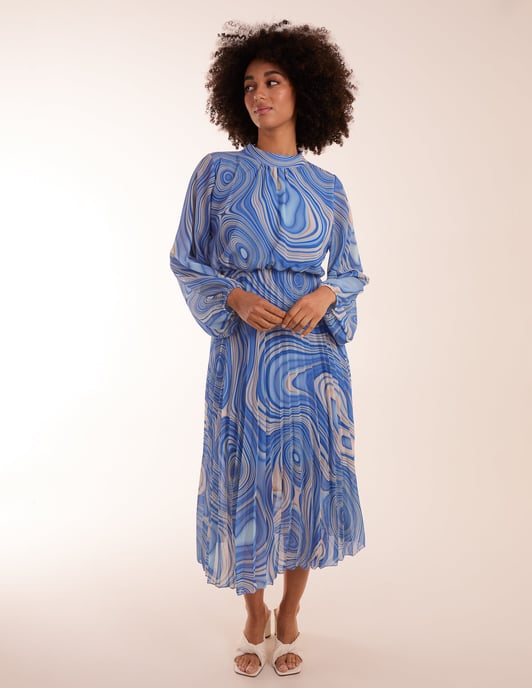 Swirl Print High Neck Pleated Dress