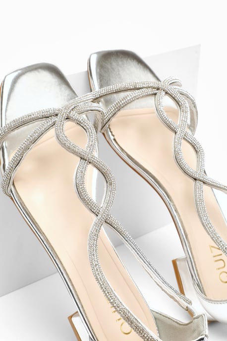 Silver Foil Diamante T-Strap Flat Sandals