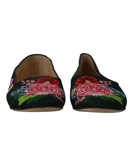 Charlotte Olympia Rosen Garten Floral Bestickte Ballerinas aus grünem Stoff - Image 2