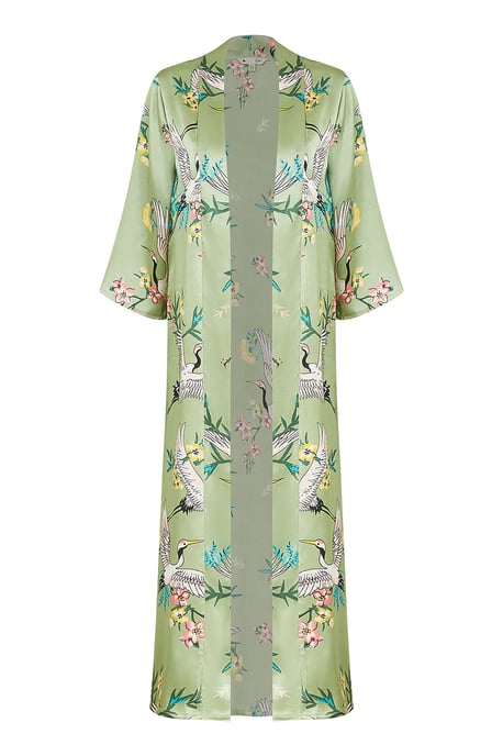 Yumi Khaki Green Satin Crane Kimono