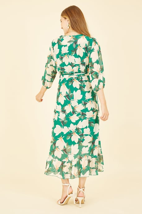 Yumi Green Blossom Wrap Midi Dress With 3/4 Sleeves