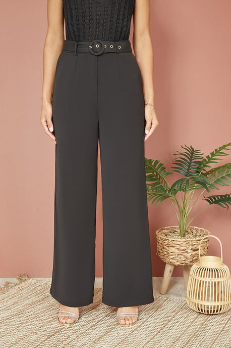 Black Straight Leg Crepe Trousers With Belt