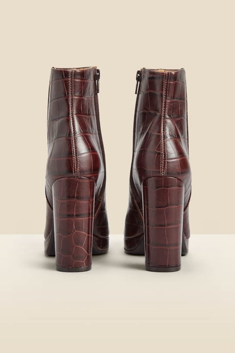 Chocolate Croc Leather Block Heel Platform Ankle Boot