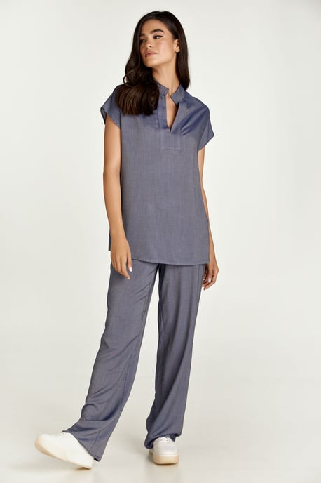 Blue Denim Style Wide Leg Pants
