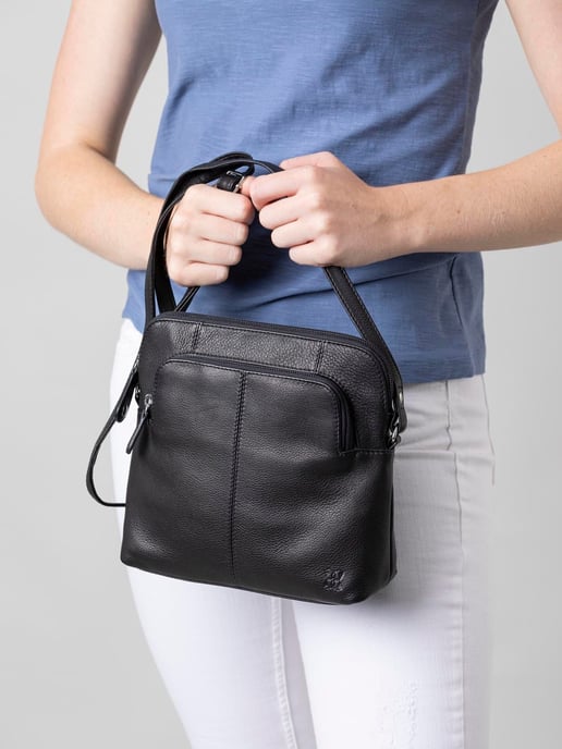 Raven Leather Cross Body Bag in Black