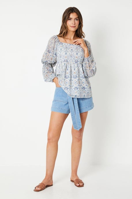 Mirror Detail Tile Print Square Neck Top
