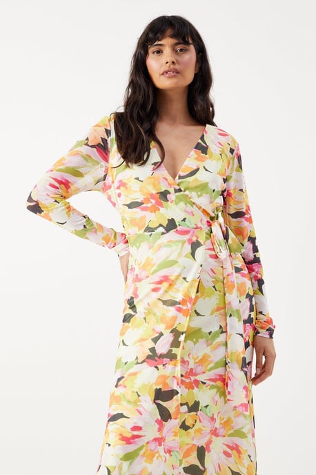 Bloom Floral Mesh Asymmetric Seam Wrap Midi Dress