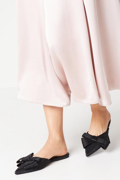 Kasha Satin Diamante Bow Flat Pointed Mule Pumps