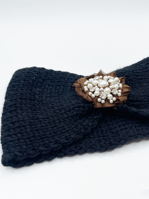 Black Knitted Headband With Pearl and Gem Flower