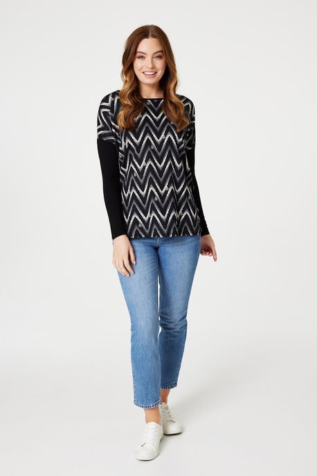 Black Chevron Print Long Sleeve Top