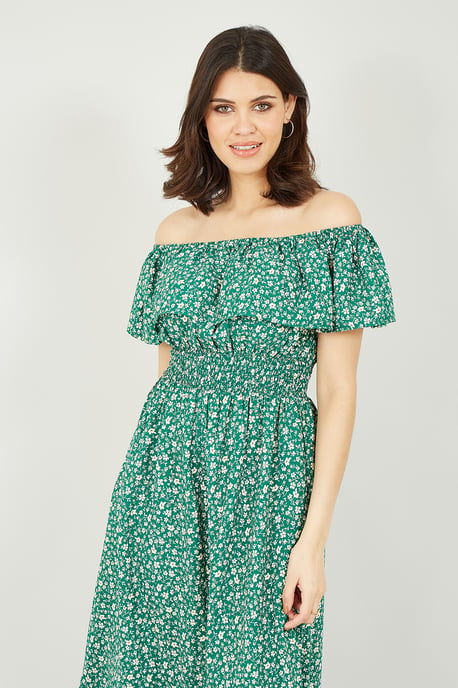 Mela Green Ditsy Daisy Printed Dipped Hem Bardot Dress - Image 2