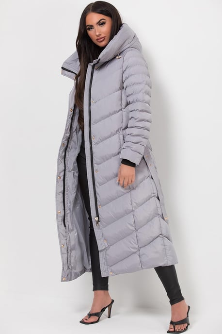 Jess Women’s Long Puffer Coat with Belt & Hood