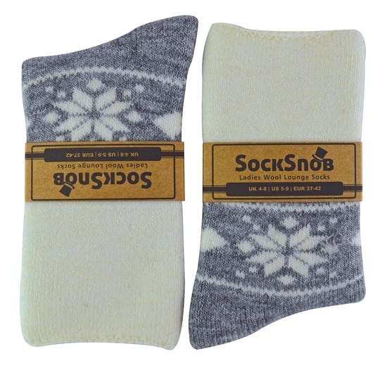 Ladies Wool Bed Socks with Fairisle Design | Sock Snob | Thermal Lounge Socks for Winter | Used for Boots, Sleep, Outdoors or as a Gift | Xmas Christmas Designs - Grey