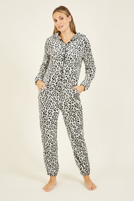 Grey Snow Leopard Fleece Onesie With Pockets