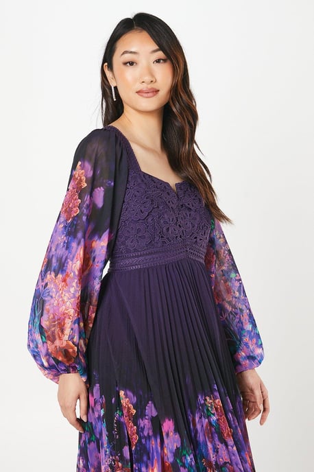 Placement Print Lace Bodice Pleated Skirt Midi Dress - Image 4