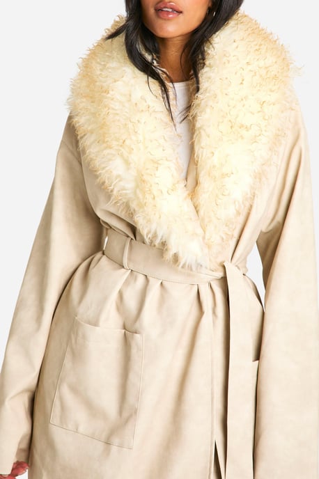 Tall Faux Fur Collar Vintage Look Faux Leather Trench Coat - Image 4