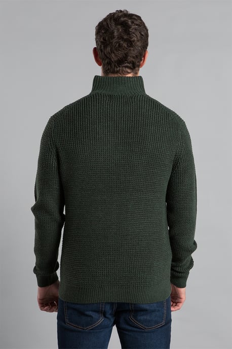 Olive Waffle Knit Jumper With 1/4 Zip Funnel Neck