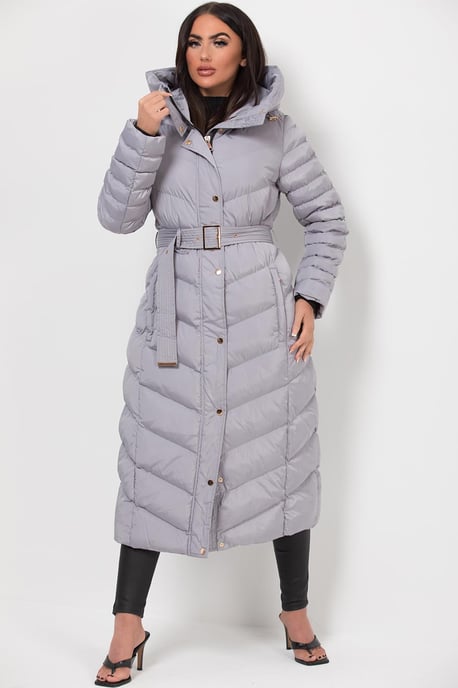 Jess Women’s Long Puffer Coat with Belt & Hood