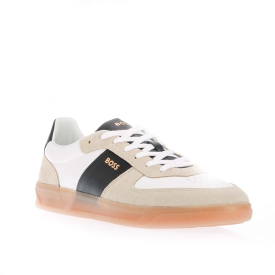 Men's Hugo Boss Foil Print Branding Leather-Suede Trainers in Beige