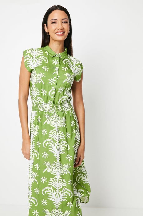 Shirred Waist Abstract Shirt Dress