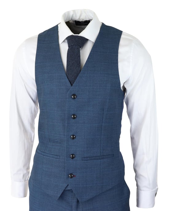 Herren 3-teiliges blaues Anzugset Prince Of Wales Karomuster klassischer leichter taillierter Schnitt modern - Image 4