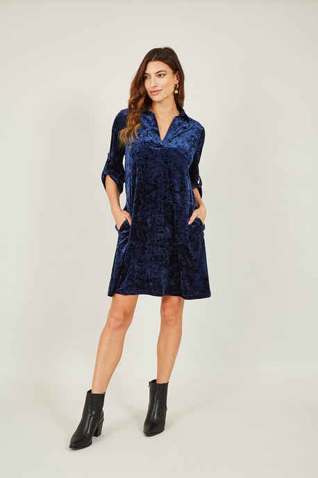 Navy Velvet Tunic Dress With 3/4 Sleeves